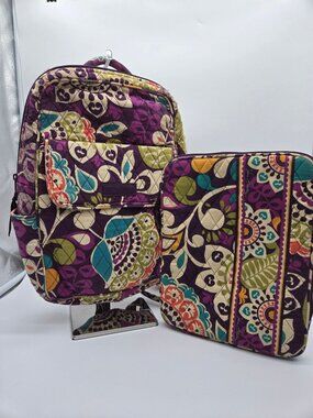 Vera Bradley Plum Crazy Backpack & Tablet Sleeve Set Purple Paisley Travel Lot